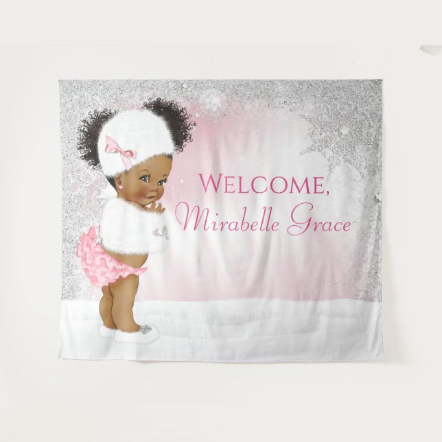 Winter Wonderland Afro Girl Baby Shower Backdrop Tapestry (Front (Horizontal))