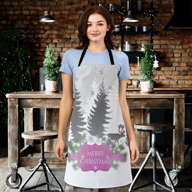 Winter Wonderland All-Over Print Apron - Magenta (Magenta Winter Wonderland Christmas Apron)