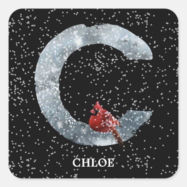 Winter Wonderland Alphabet C Monogram | Red Bird Square Sticker (Front)