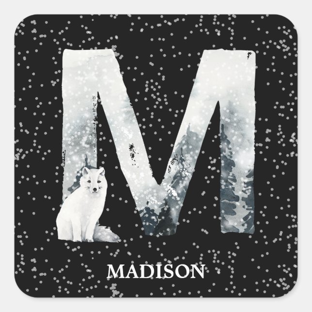 Winter Wonderland Alphabet M Monogram | Snow Wolf Square Sticker (Front)