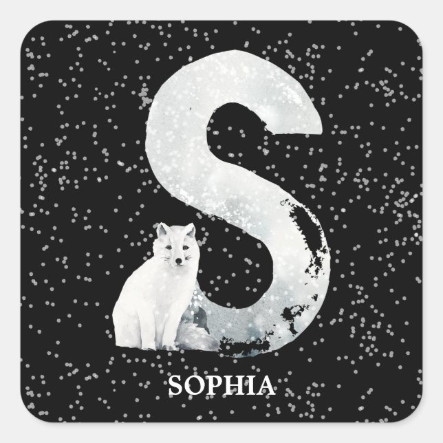 Winter Wonderland Alphabet S Monogram | Snow Wolf Square Sticker (Front)