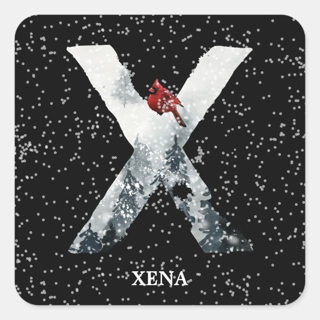 Winter Wonderland Alphabet X Monogram | Red Bird Square Sticker (Front)