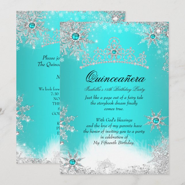 Winter Wonderland Aqua Blue Quinceanera Party Invitation (Front/Back)