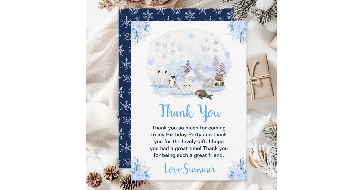 Winter Wonderland Arctic Animals Birthday Party Thank You Card | Zazzle