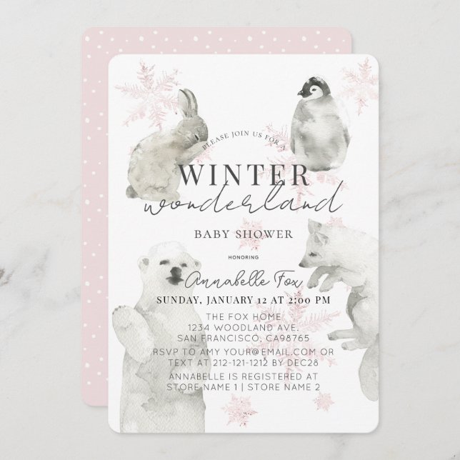 Winter Wonderland Arctic Animals Girl Baby Shower Invitation (Front/Back)