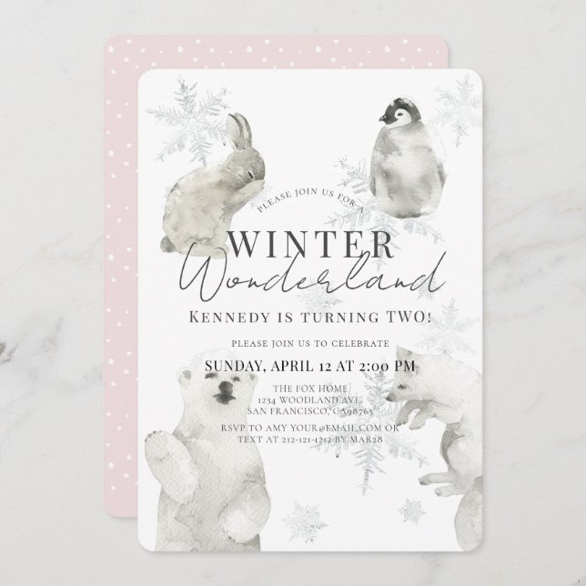 Winter Wonderland Arctic Animals Girl Birthday Invitation (Front/Back)