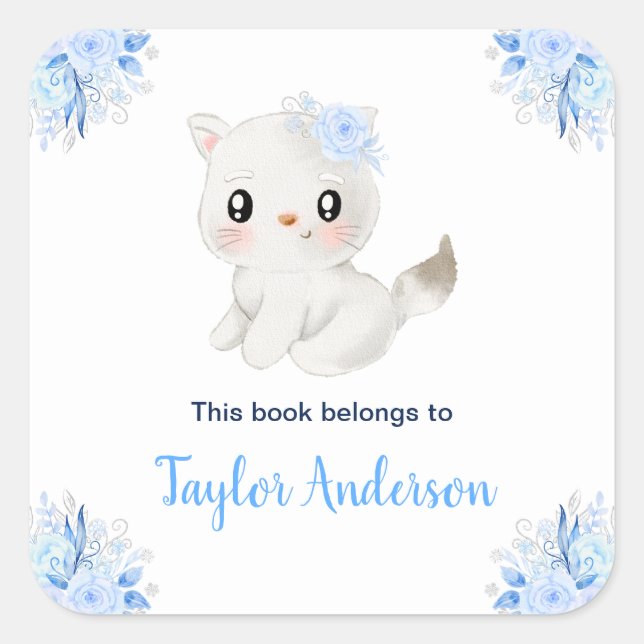 Winter Wonderland Arctic Cat Kids Bookplate Square Sticker (Front)