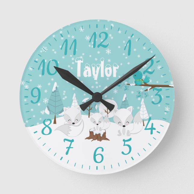 Winter Wonderland Arctic Foxes Round Clock (Front)