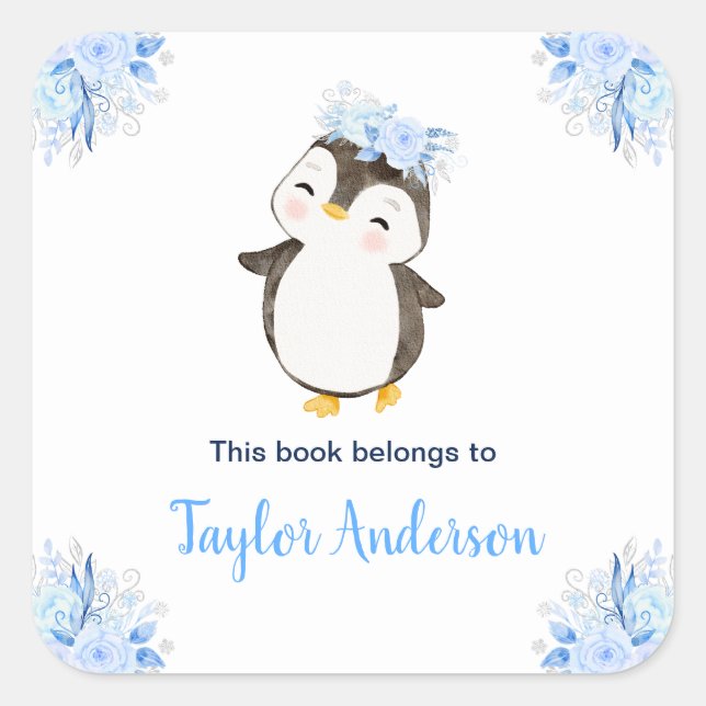 Winter Wonderland Arctic Penguin Kids Bookplate Square Sticker (Front)