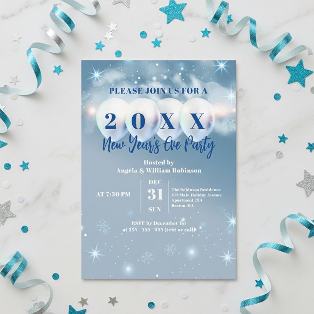 Winter Wonderland Balloons Blue New Year's Eve Invitation (Creator Uploaded)