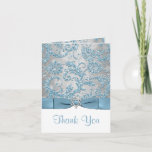 Winter Wonderland Bat Mitzvah Thank You Note Card<br><div class="desc">This elegant ice blue, silver grey floral FAUX glitter damask pattern Bat Mitzvah thank you note card has a background of assorted white snowflakes on it and a PRINTED steel blue ribbon and bow with a silver grey Star of David brooch on it that matches the Bat Mitzvah invitation shown...</div>