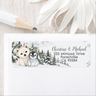 Winter Wonderland Bear & Penguin Return Address Label