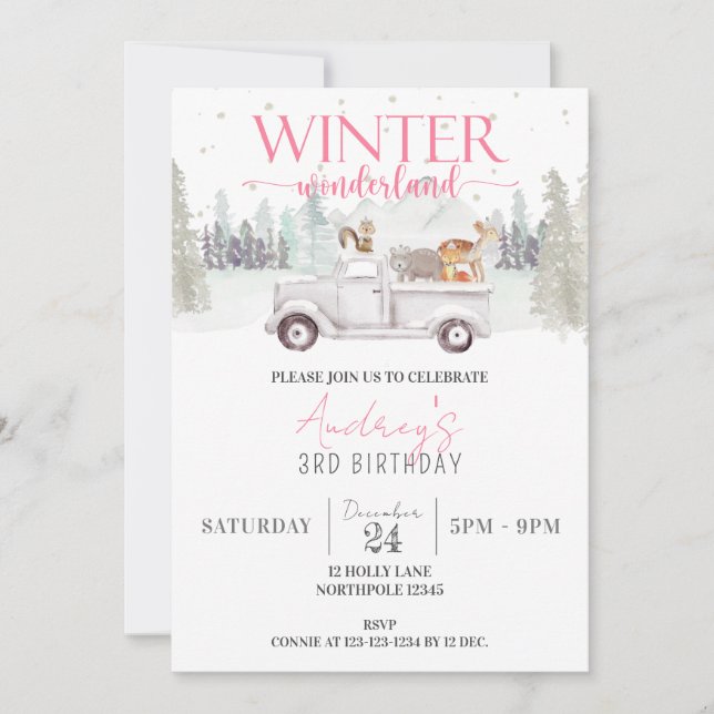 Winter Wonderland Birthday, Girl 3rd Birthday Invitation (Front)