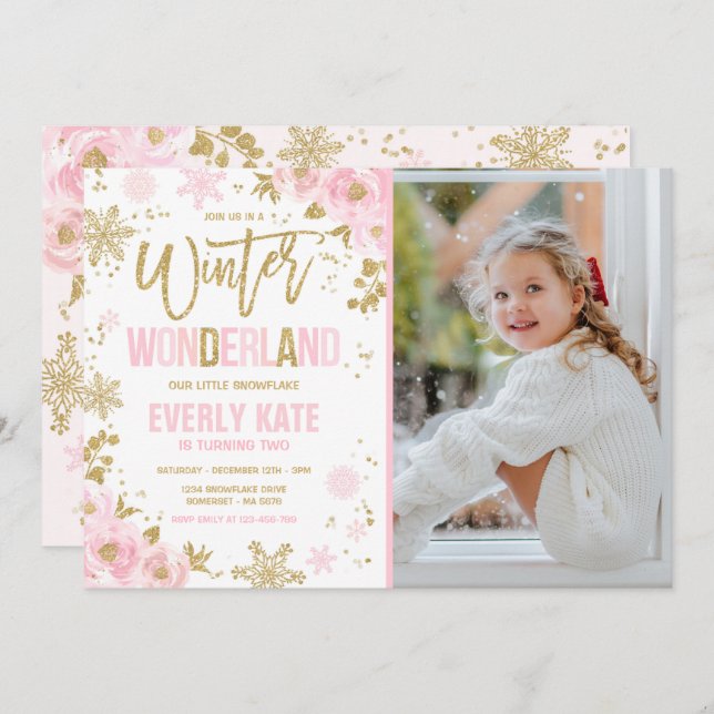 Winter Wonderland Birthday Gold Pink Snowflake Invitation (Front/Back)