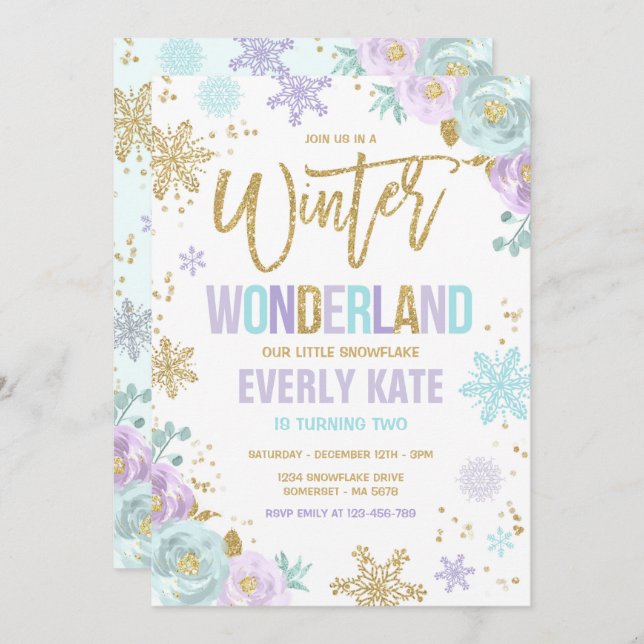Winter Wonderland Birthday Gold Purple Snowflake Invitation (Front/Back)