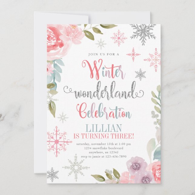 Winter Wonderland Birthday Invitation with Flowers (Front)