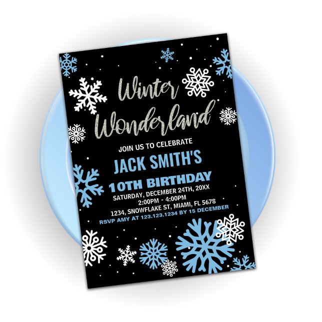 Winter Wonderland Birthday Invitations Blue Black (Winter Wonderland Birthday Invitations Blue Black)