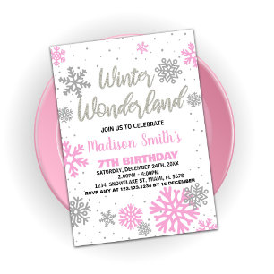 Winter Wonderland Birthday Invitations Pink White