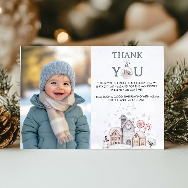 Winter Wonderland Birthday Photo Thank You Card (Creator Uploaded)
