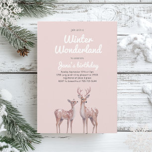 Winter Wonderland Birthday Soft Pink & Deer Invitation