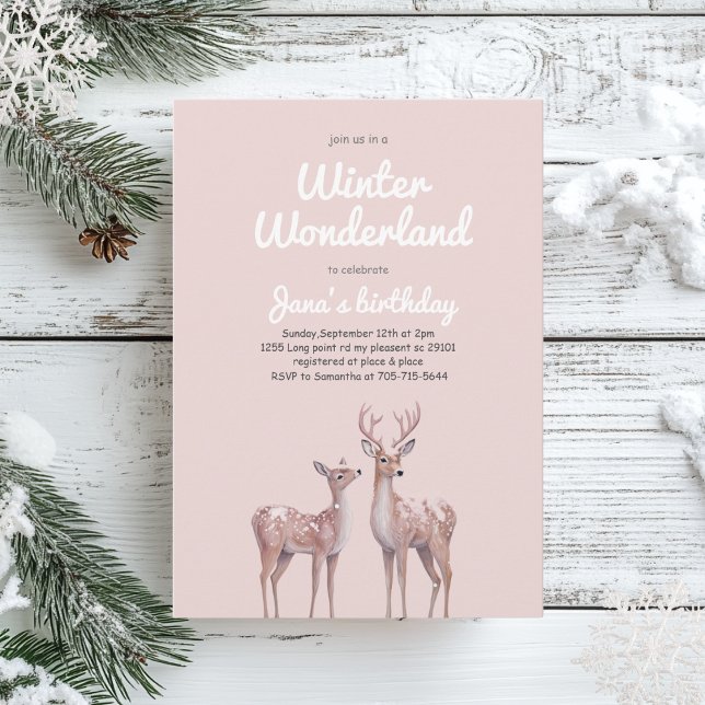 Winter Wonderland Birthday | Soft Pink & Deer Invitation (Creator Uploaded)