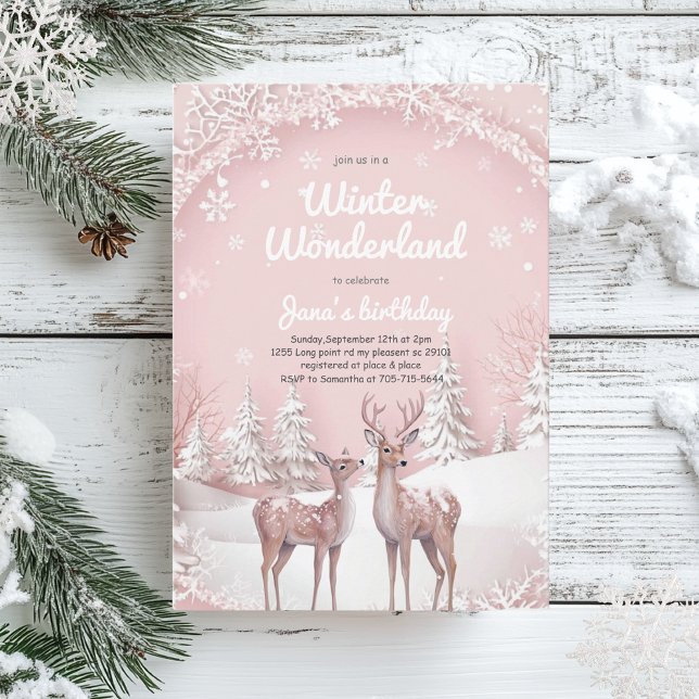 Winter Wonderland Birthday | Soft Pink & Deer Invitation (Creator Uploaded)