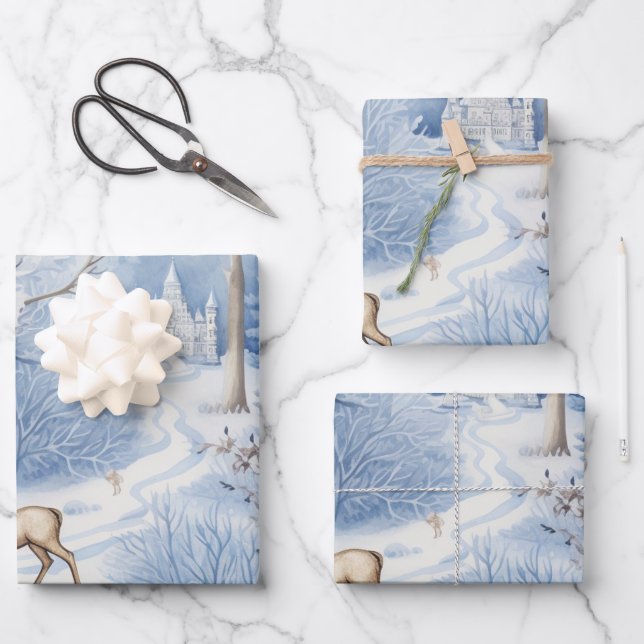 Winter Wonderland: Blue and White Christmas Tree Wrapping Paper Sheet (Front)