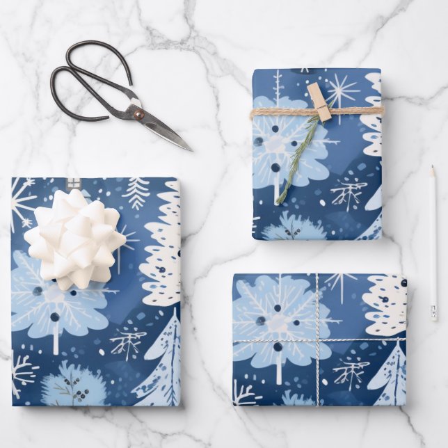 Winter Wonderland: Blue and White Christmas Tree Wrapping Paper Sheet (Front)