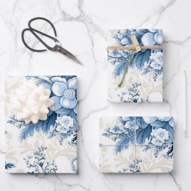 Winter Wonderland: Blue and White Christmas Tree Wrapping Paper Sheet (Front)