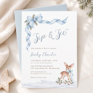 Winter Wonderland Blue Bow Baby Boy Sip And See Invitation