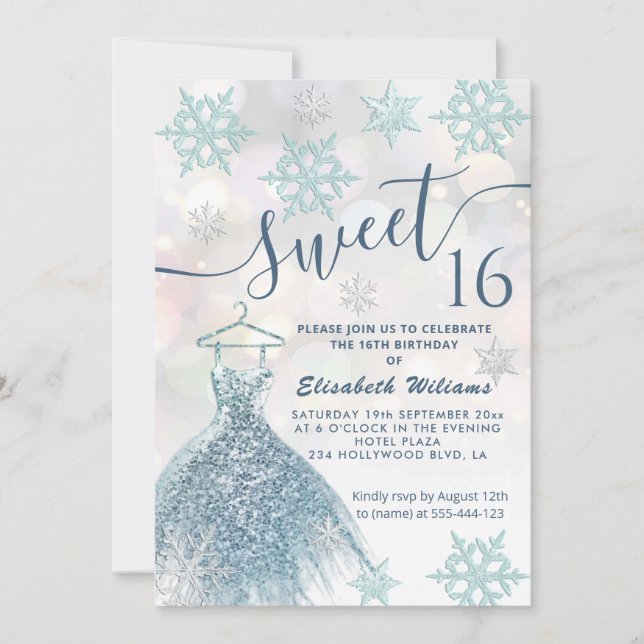 Winter wonderland blue dress glittery ombre invitation (Front)