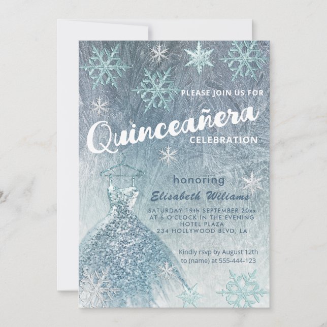 Winter wonderland blue dress glittery Quinceañera  Invitation (Front)