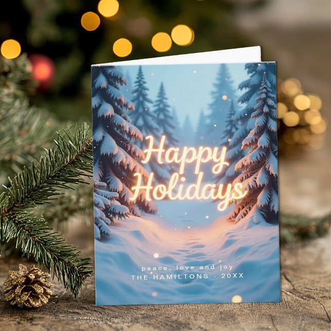 Winter Wonderland Blue Forest Happy Holidays Card (Happy Holidays Personalized Greeting Card)