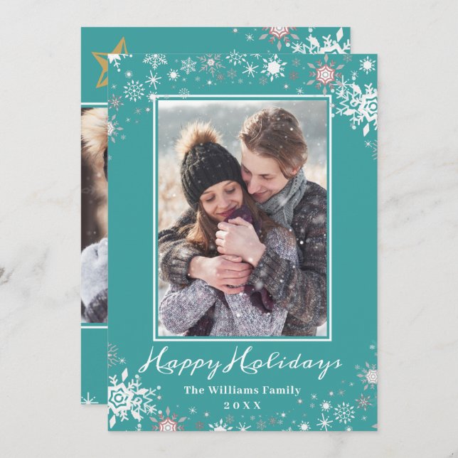 Winter Wonderland Blue Green Happy Holidays Photo Holiday Card (Front/Back)