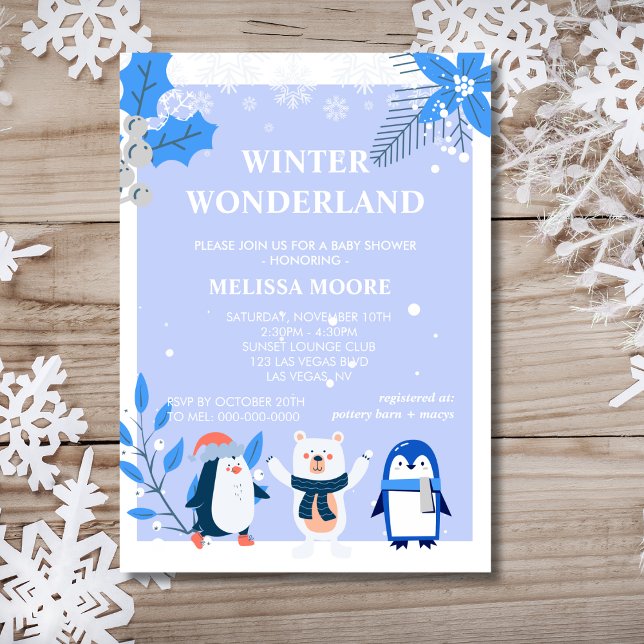 Winter wonderland blue penguin polar bear  invitation (Creator Uploaded)