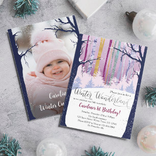 Winter Wonderland Blue Purple Silver Snow Photo  Invitation