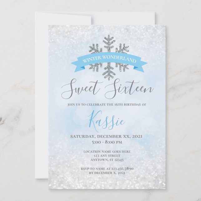 Winter Wonderland Blue Silver Sweet 16 Birthday  Invitation (Front)