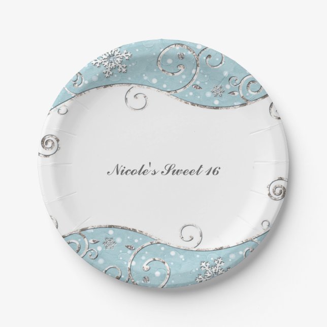 Winter Wonderland Blue & Silver Swirls Snowflakes Paper Plate (Front)