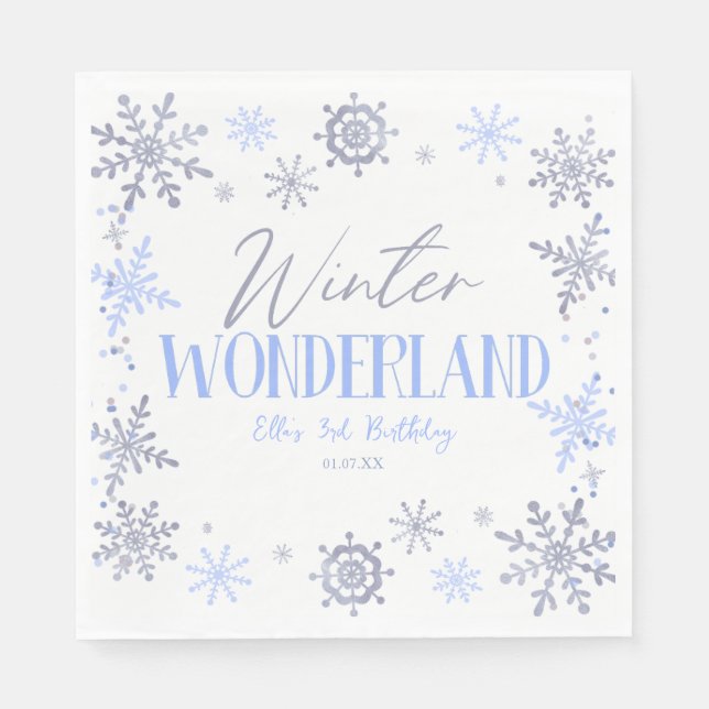 Winter Wonderland Blue Snowflake Birthday Party Napkin (Front)