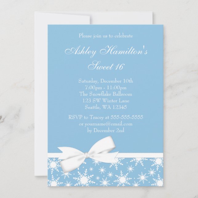 Winter Wonderland Blue Snowflake Bow Sweet 16 Invitation (Front)