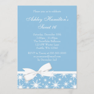 Winter Wonderland Blue Snowflake Bow Sweet 16 Invitation