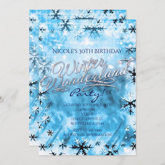 Winter Wonderland Blue Snowflakes Party Invitation (Front/Back)