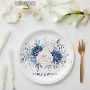 Winter Wonderland Blue & White Rose Wedding Paper Plate