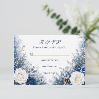 Winter Wonderland Blue & White Rose Wedding RSVP Card