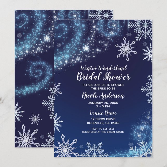 Winter Wonderland Blue & White Sparkle Snowflakes Invitation (Front/Back)