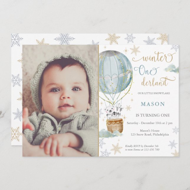 Winter Wonderland Boy first Birthday Photo Invitation (Front/Back)