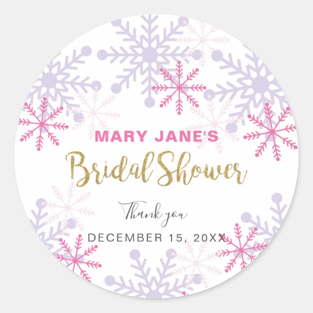 Winter Wonderland Bridal Shower Pink Snowflake Classic Round Sticker (Front)