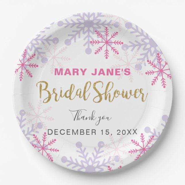 Winter Wonderland Bridal Shower Pink Snowflake Paper Plate (Front)