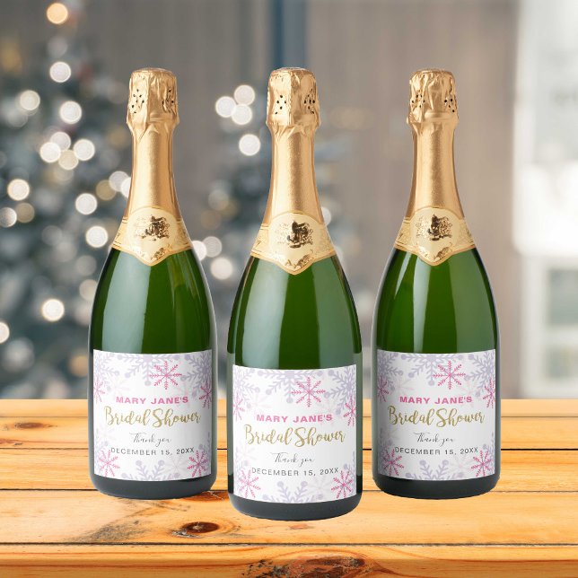 Winter Wonderland Bridal Shower Pink Snowflake Sparkling Wine Label (Creator Uploaded)
