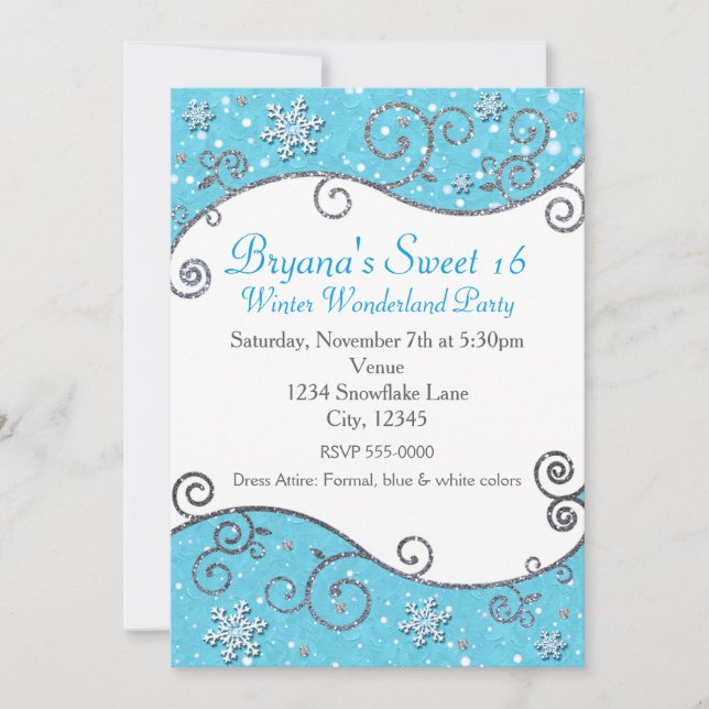 Winter Wonderland Bright Blue Snowflake Invitation (Front)